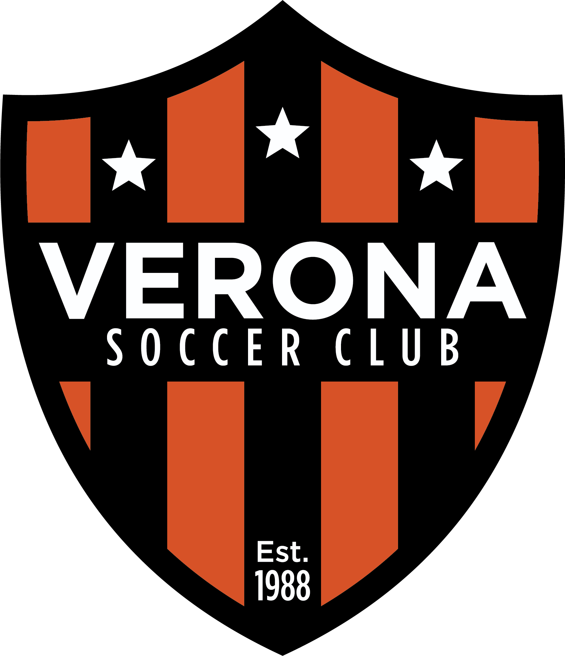 VSC1 - Verona SC "CREST" FULL Color featuring a black and orange vertical striped shield with three white stars above the name "VERONA" and "SOCCER CLUB" in white. The bottom of the crest includes "Est. 1988" in white.