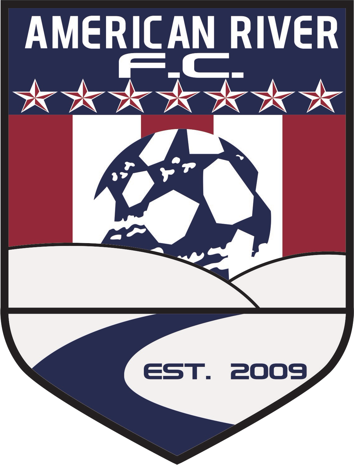 ARFC CREST: A shield-shaped logo featuring the text "AMERICAN RIVER F.C." at the top above a row of seven stars. The center shows a stylized soccer ball over red and white vertical stripes, while the bottom displays a winding blue river and "EST. 2009".