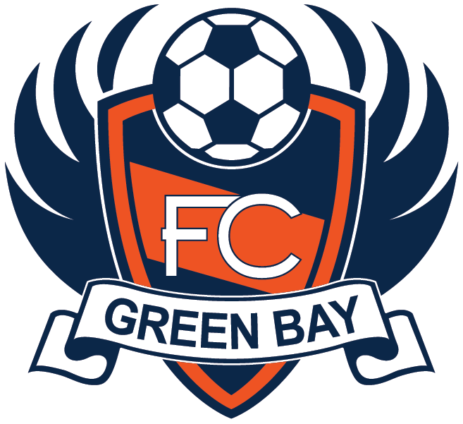 Logo for the FC Green Bay soccer club, featuring a navy blue and white soccer ball above a shield with the letters 'FC'. The shield is flanked by navy blue wings and sits above a white banner that reads 'GREEN BAY' in navy blue. The overall color scheme is navy blue, orange, and white.