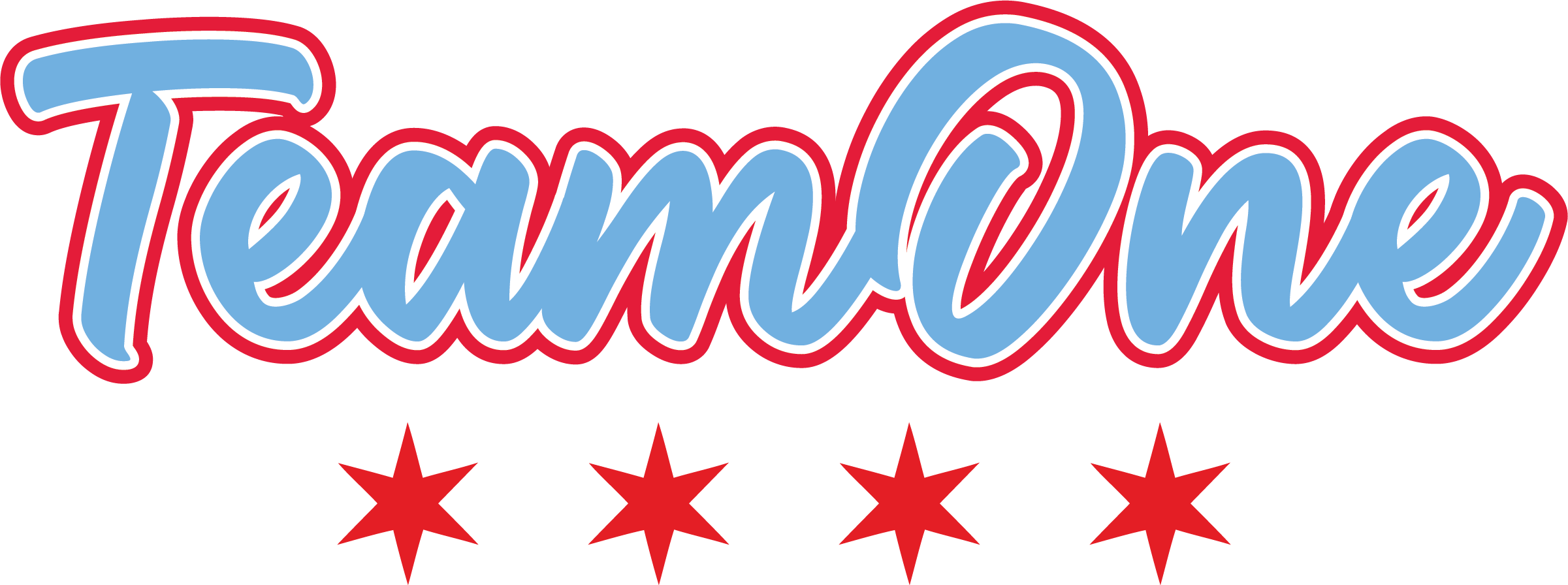 A logo for TEAMO9 - Team One "TEAM ONE & STARS" FULL Red & Blue, featuring light blue script text with a red outline above four red six-pointed stars.