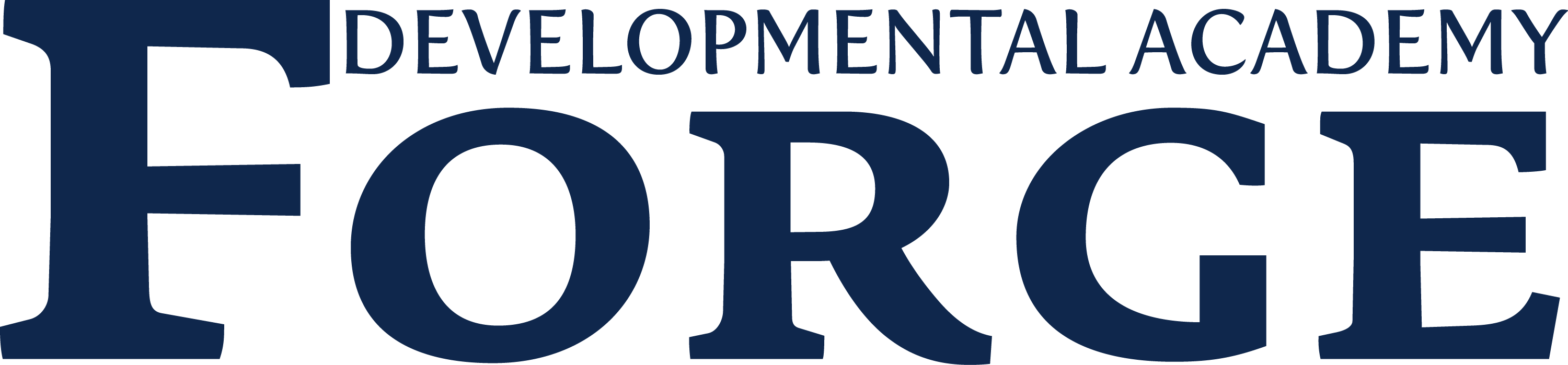 A logo for Forge Developmental Academy featuring the word "FORGE" in large, bold, navy blue serif font with "DEVELOPMENTAL ACADEMY" in smaller navy blue text above it.