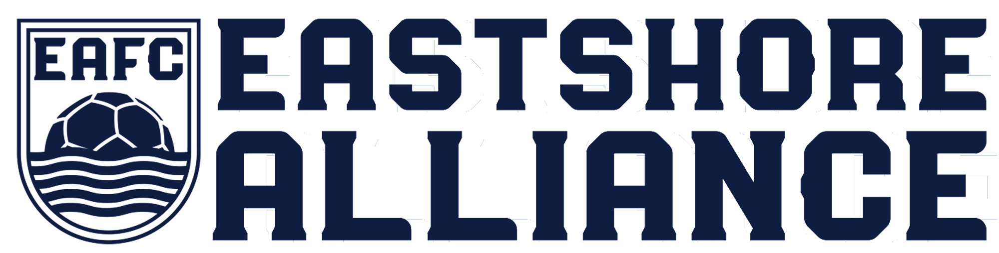 The EAFC Wordmark (Navy) features a soccer-themed shield on the left and the words "EASTSHORE ALLIANCE" in bold, navy blue block lettering on the right.