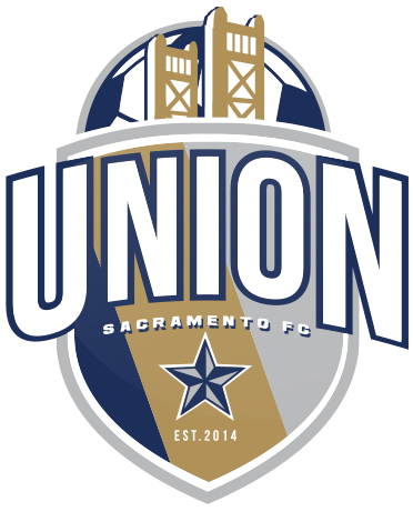 A shield-shaped logo for Union Sacramento FC, featuring a bridge icon at the top, the word "UNION" in large letters, and a star with "EST. 2014" at the bottom. USFC CREST - Substop.