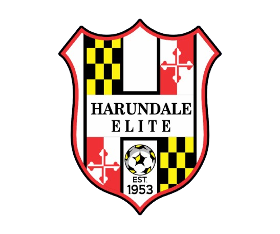 Shield logo for Harundale Elite soccer club featuring Maryland state flag designs, a central name banner, a soccer ball, and "EST. 1953" at the bottom.