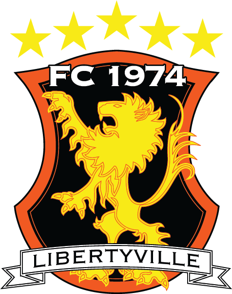Logo for GLSA10 - GLSA FC "HEADBAND" POCKET Color, featuring an orange-bordered shield with a yellow rampant lion on a black background. Above the lion is "FC 1974" in white, and below the shield is a white banner reading "LIBERTYVILLE" in black. Five yellow stars are arched over the top of the crest.