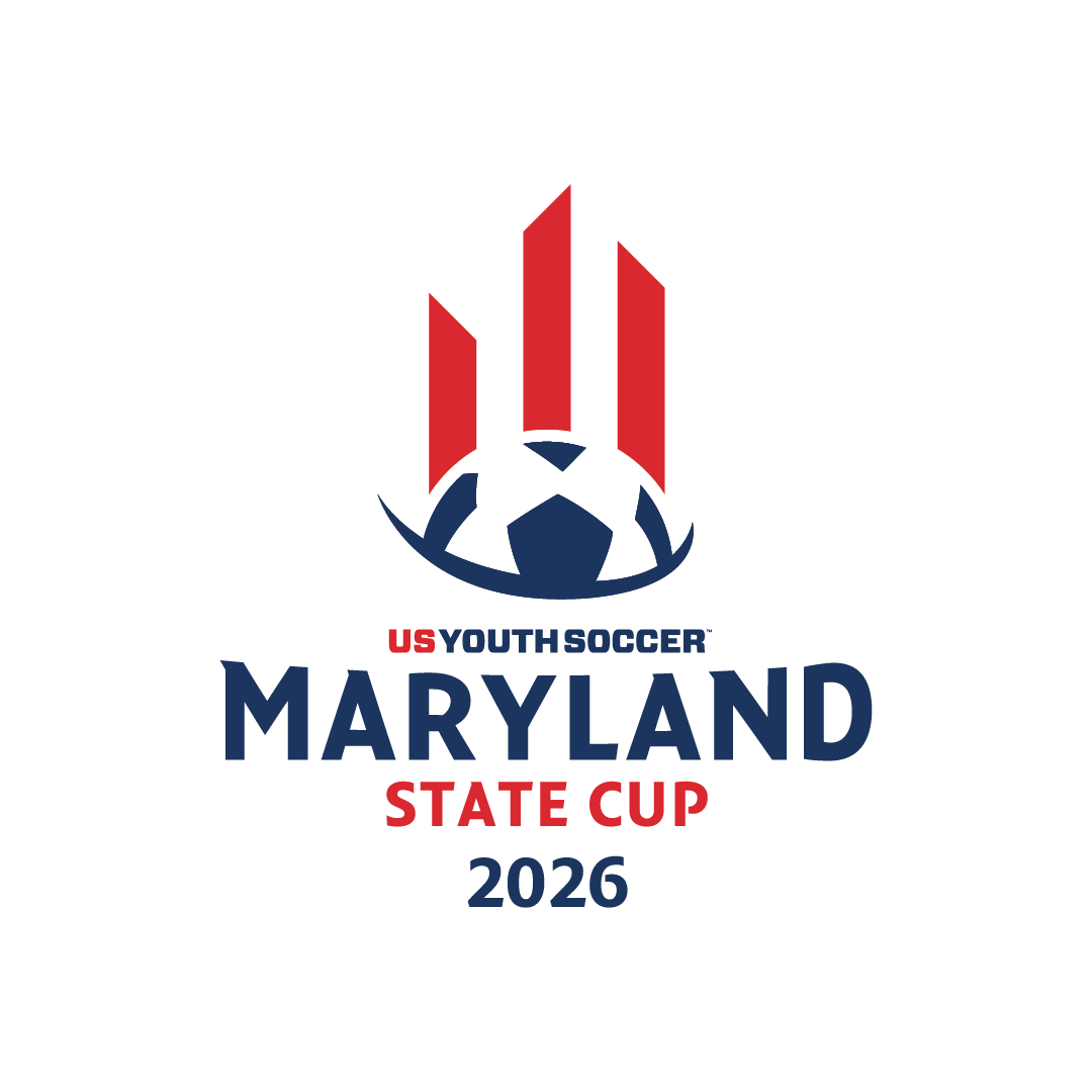 Logo for the US Youth Soccer Maryland State Cup 2026, featuring a stylized blue soccer ball with three red vertical bars above it and the event title in bold lettering.