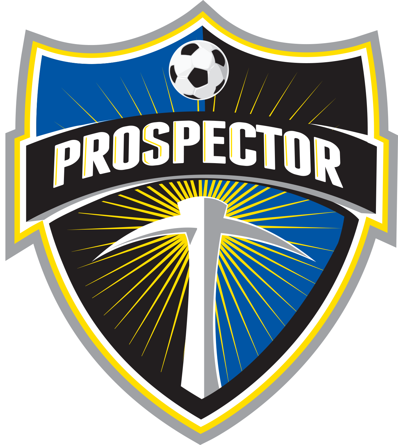 A shield-shaped PROSPECTOR CREST PT logo featuring a soccer ball at the top, a central black banner with the word "PROSPECTOR" in white, and a white pickaxe over a blue and yellow sunburst background.