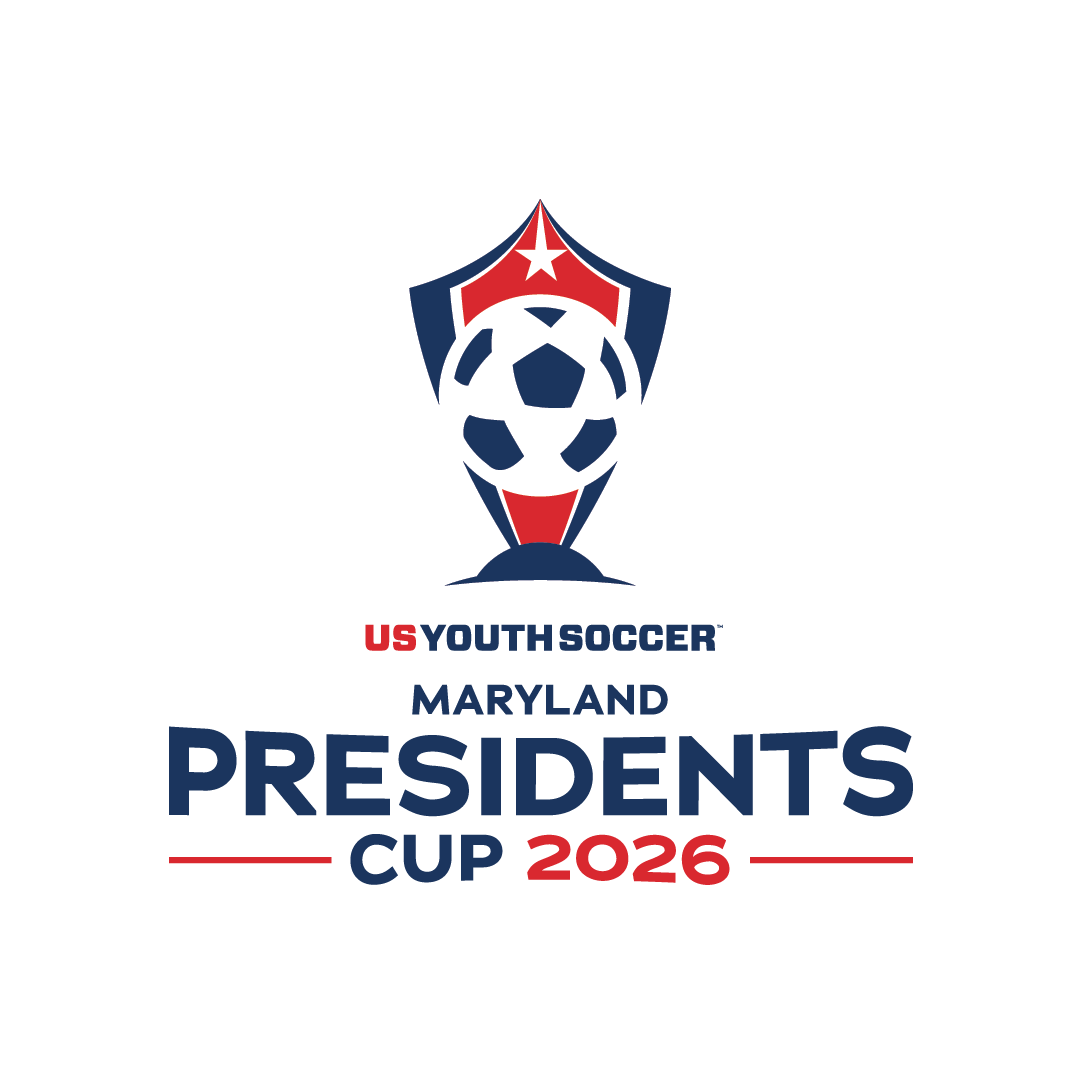 Logo for the 2026 US Youth Soccer Maryland Presidents Cup, featuring a soccer ball trophy icon with a red, white, and blue shield and a white star.