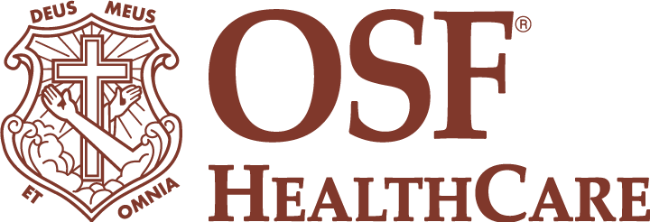 The FCILL11 brown logo for OSF HealthCare, featuring an ornate crest on the left containing a cross, stigmata hands, and the Latin motto "DEUS MEUS ET OMNIA," positioned next to the large text "OSF HEALTHCARE."
