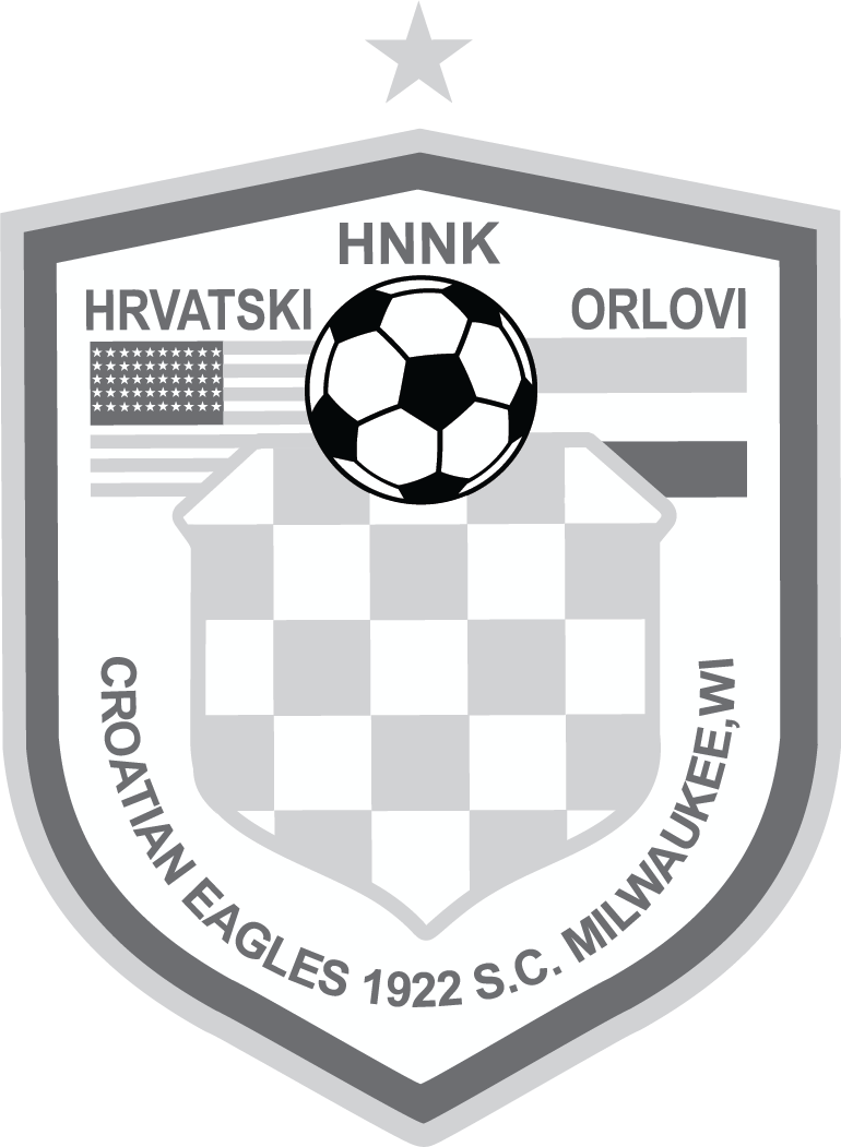 A greyscale logo for the CESC2 - Croatian Eagles "CREST" POCKET Greys, featuring a soccer ball over a checkerboard shield and stylized American flag, with text reading "HNNK HRVATSKI ORLOVI" and "CROATIAN EAGLES 1922 S.C. MILWAUKEE, WI."