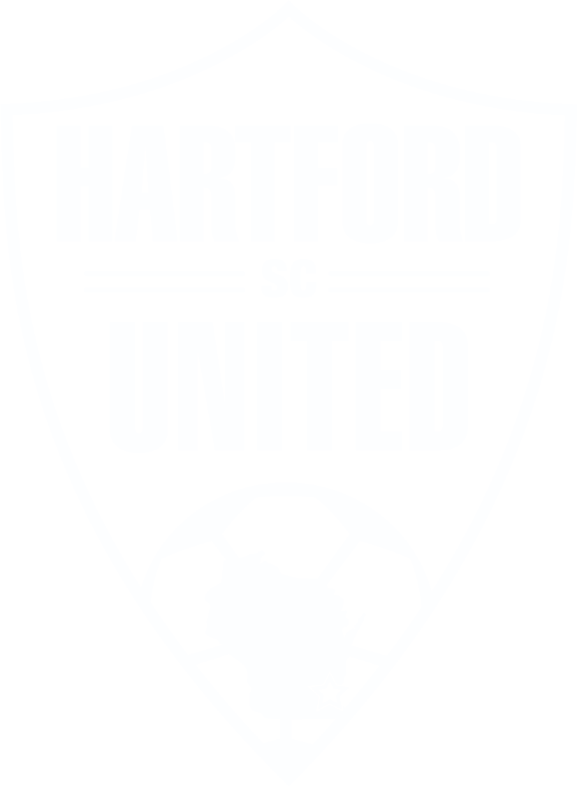 A white crest logo for Hartford United SC, featuring a shield outline with the words "HARTFORD SC UNITED" and a soccer ball graphic at the bottom.