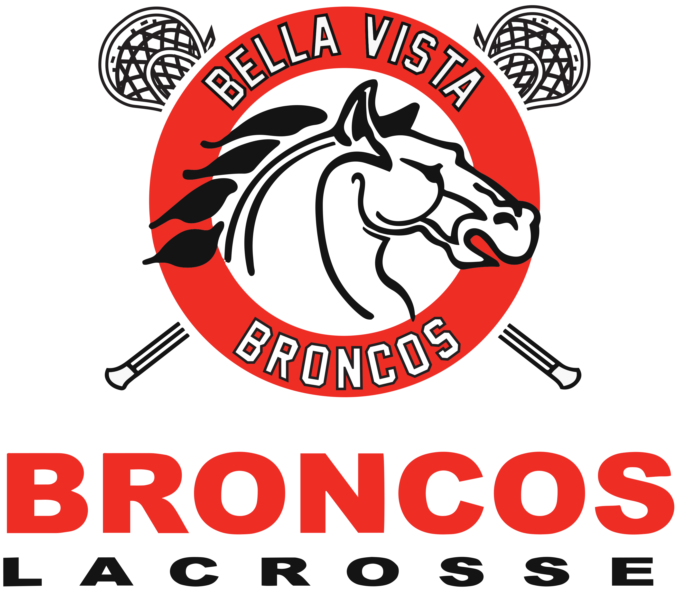 BELLA VISTA LACROSSE logo featuring a white bronco head inside a red circular frame, with "BELLA VISTA" and "BRONCOS" curved along the top and bottom. Two crossed lacrosse sticks are positioned behind the circle. Below the emblem, "BRONCOS" is written in large red block letters above the word "LACROSSE" in white on a black background.