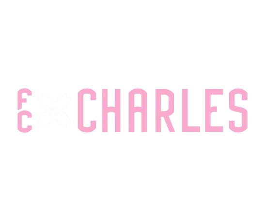 FCC Pink letting: A black background featuring the pink letters "FC" stacked vertically, followed by a white cherry blossom icon and the name "CHARLES" in large pink block lettering.