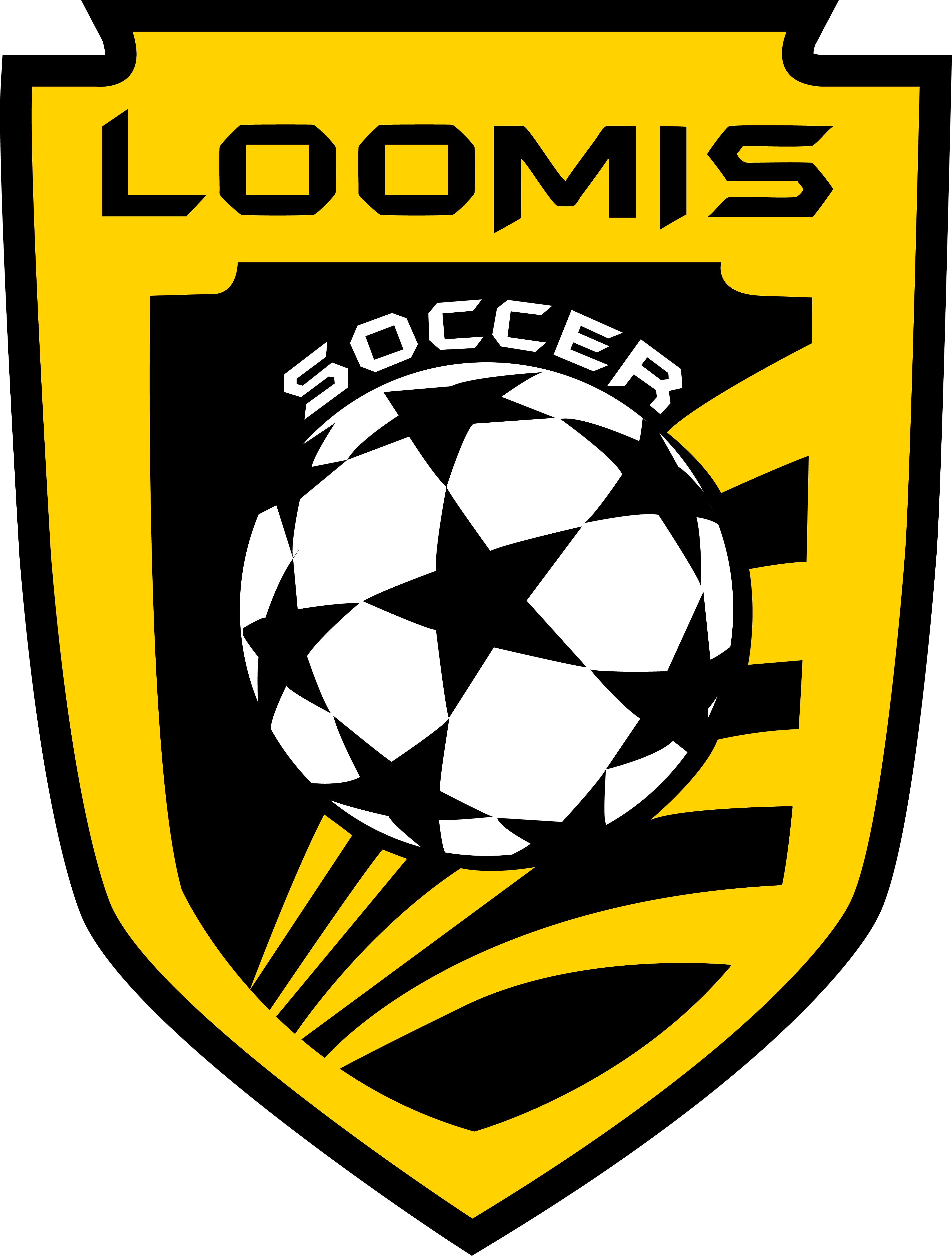 A yellow and black shield-shaped crest for "LOOMIS SOCCER." The top features the word "LOOMIS" in bold black letters. Centered below is a black and white star-patterned soccer ball with the word "SOCCER" arched above it. Stylized yellow and black diagonal rays sweep across the bottom of the crest.