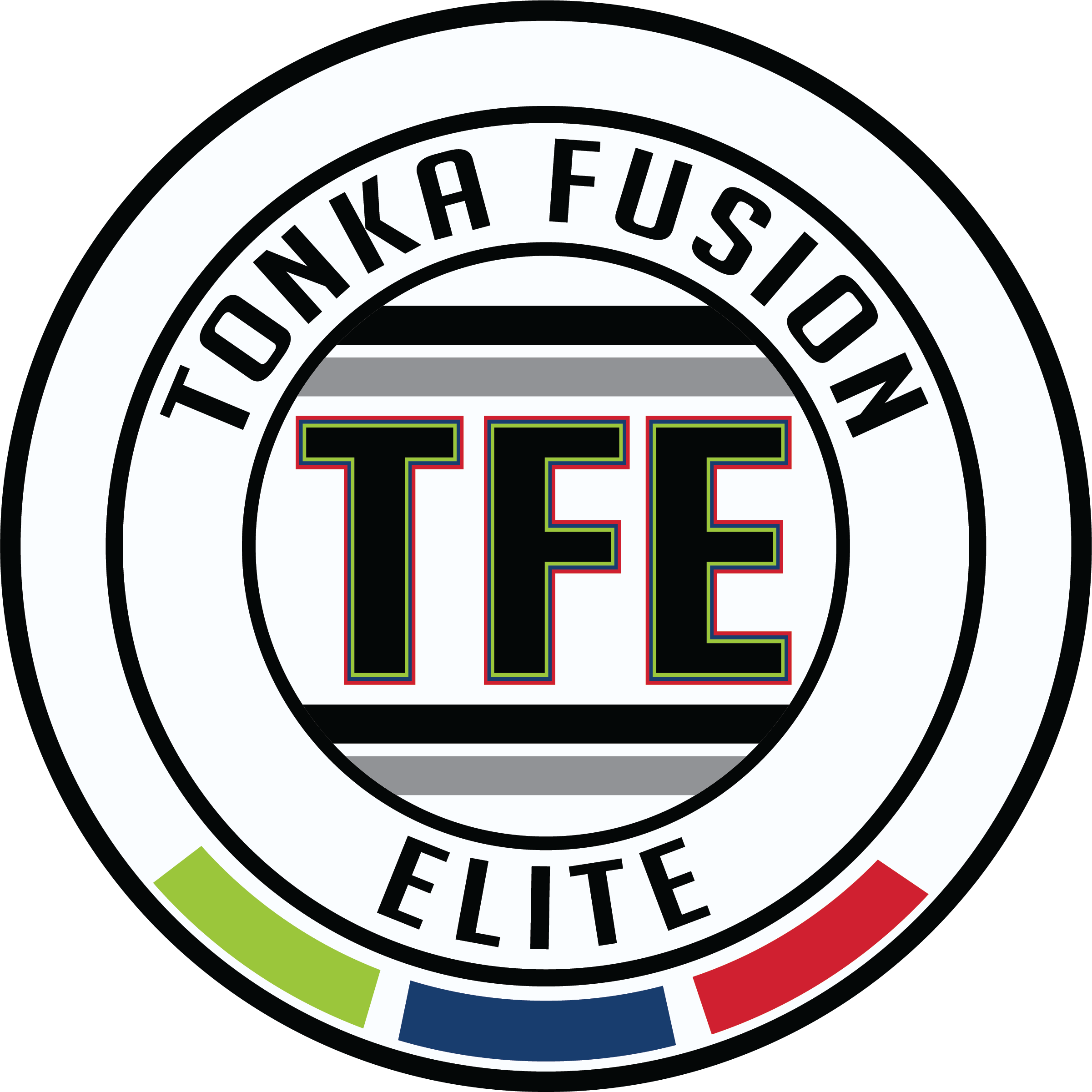 A circular logo for TFE1 - Tonka Fusion Elite "CREST" FULL Color, featuring a white outer ring with black borders. Arched across the top in black capital letters is "TONKA FUSION," and "ELITE" is at the bottom. The bottom edge includes three curved color segments in green, blue, and red. In the center, the letters "TFE" are displayed in large black font with multi-colored outlines, set against a background of horizontal black, white, and grey stripes.