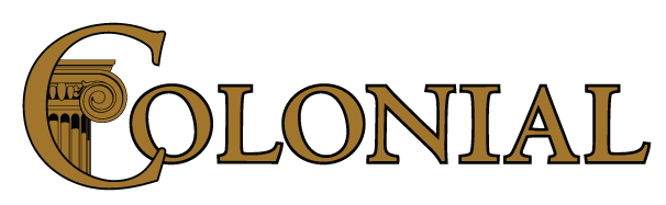 A logo for FC Delco "Colonial" POCKET featuring gold-colored text spelling "COLONIAL" on a black background, with the large initial letter "C" incorporating a classical Ionic column illustration.