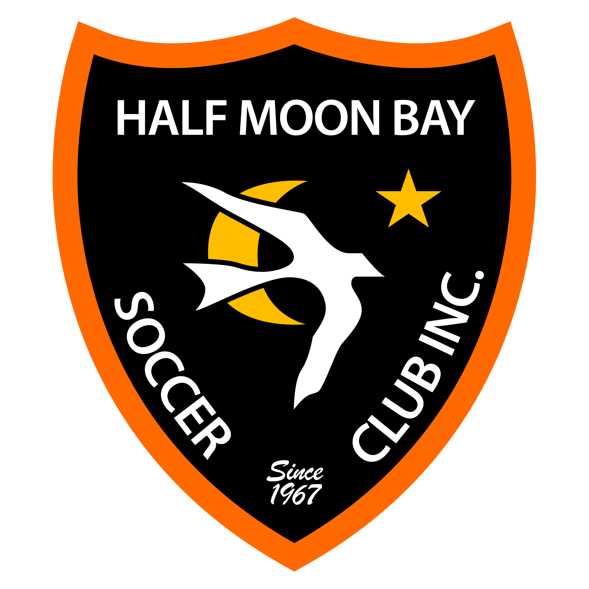Shield logo for Half Moon Bay Soccer Club Inc. in black and orange, featuring a white bird silhouette, yellow crescent moon, star, and the text "Since 1967."