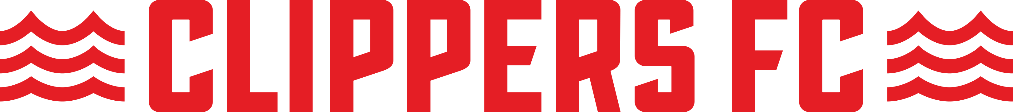 The Clippers Spiritwear Logo 2 (Red) features the text "CLIPPERS FC" in a bold, blocky red font, flanked by three horizontal wavy lines on each side.
