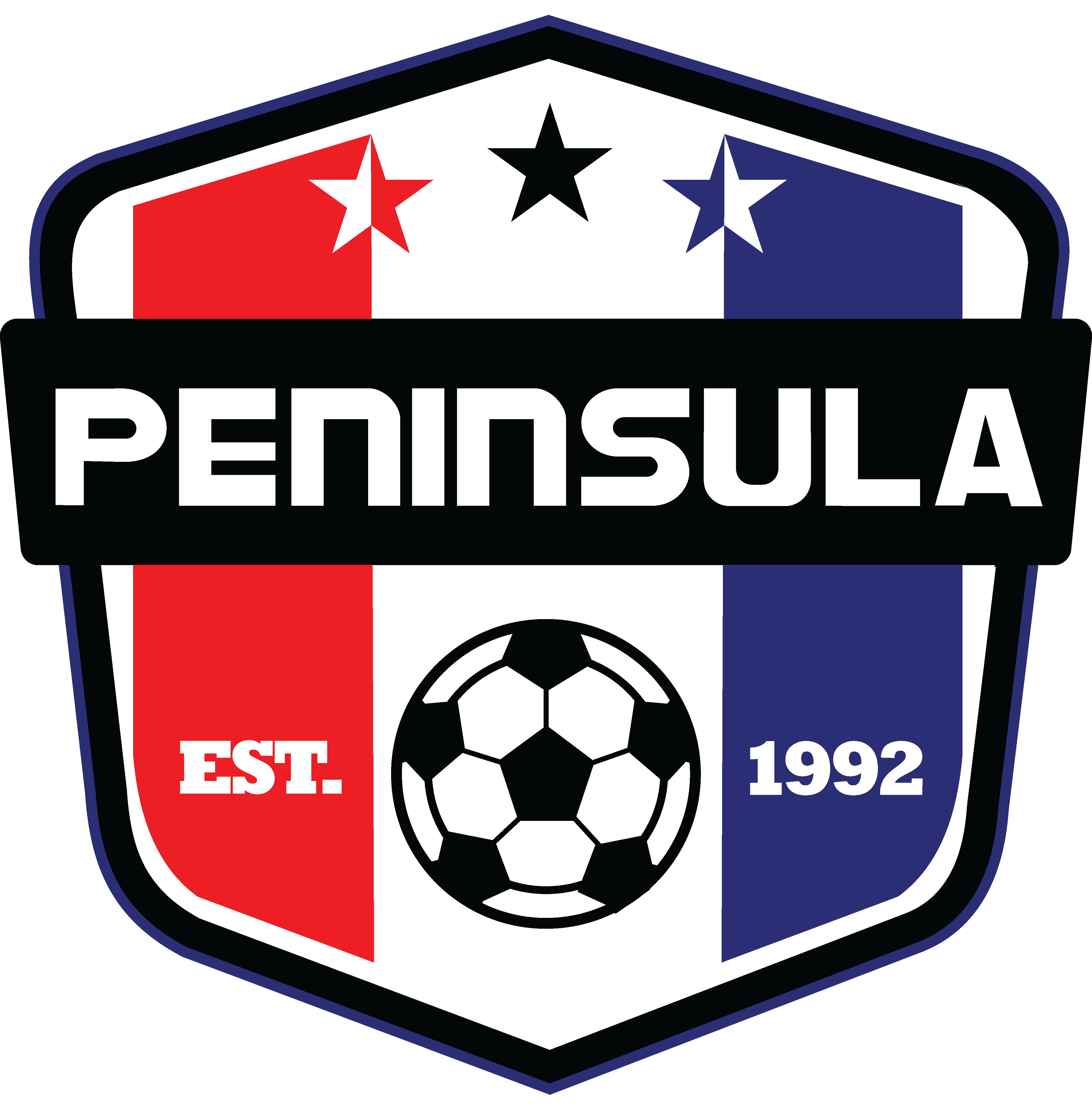 Shield-shaped soccer crest with red, white, and blue stripes. Features "PENINSULA" on a black banner, three stars at the top, a soccer ball, and "EST. 1992" at the bottom.