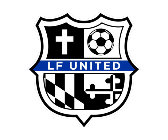 A shield-shaped crest for LF UNITED with a cross, soccer ball, blue center banner with the team name, and black and white heraldic patterns.