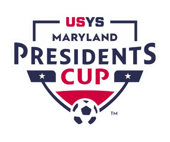 USYS Maryland Presidents Cup logo featuring a shield shape, navy and red text, two stars, and a soccer ball at the bottom.