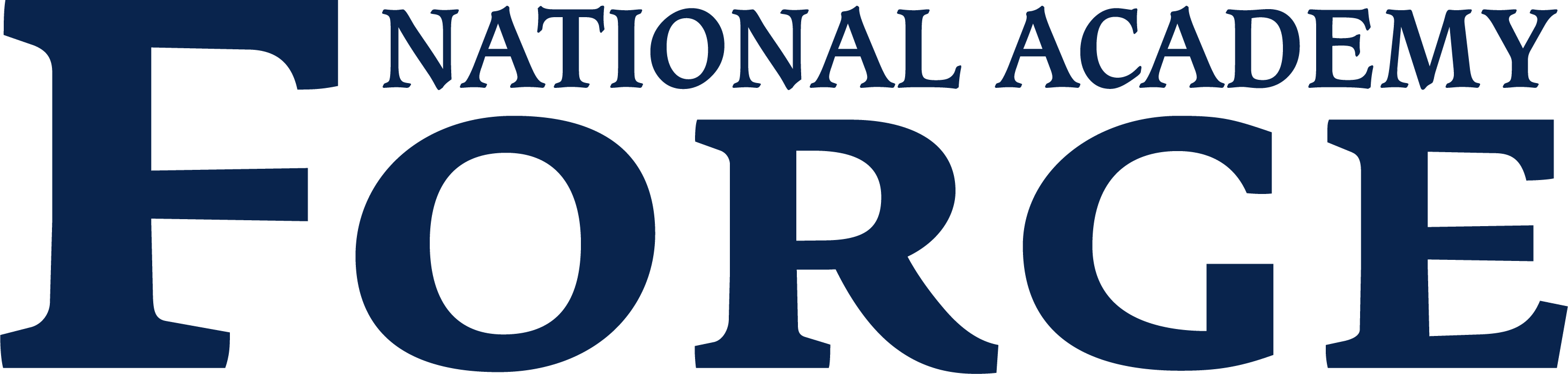 A logo for National Academy Forge featuring the words "NATIONAL ACADEMY" in small caps above the word "FORGE" in a large, bold navy blue serif font.