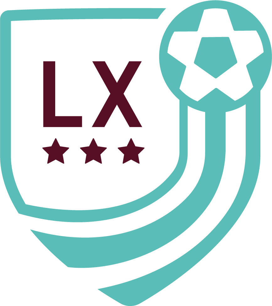 LXU OTH Logo Teal LX featuring a teal shield outline with maroon "LX" lettering, three stars, and a soccer ball icon with trailing teal lines.