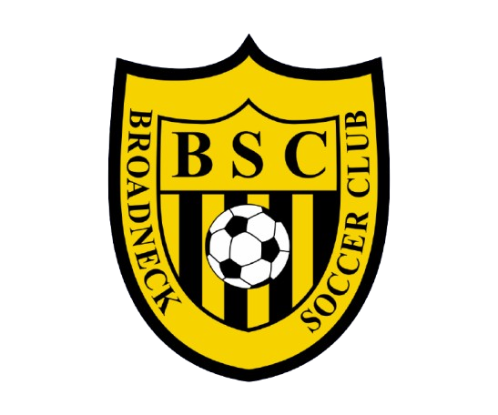 A yellow and black shield-shaped BSC Crest for Broadneck Soccer Club, featuring the letters "BSC" at the top and a soccer ball over vertical stripes in the center.