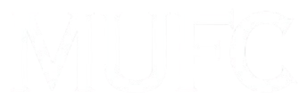 A white "MUFC" logo in a bold serif font against a black background, for the Mercer United "Text" FF - WHT - MERC4.
