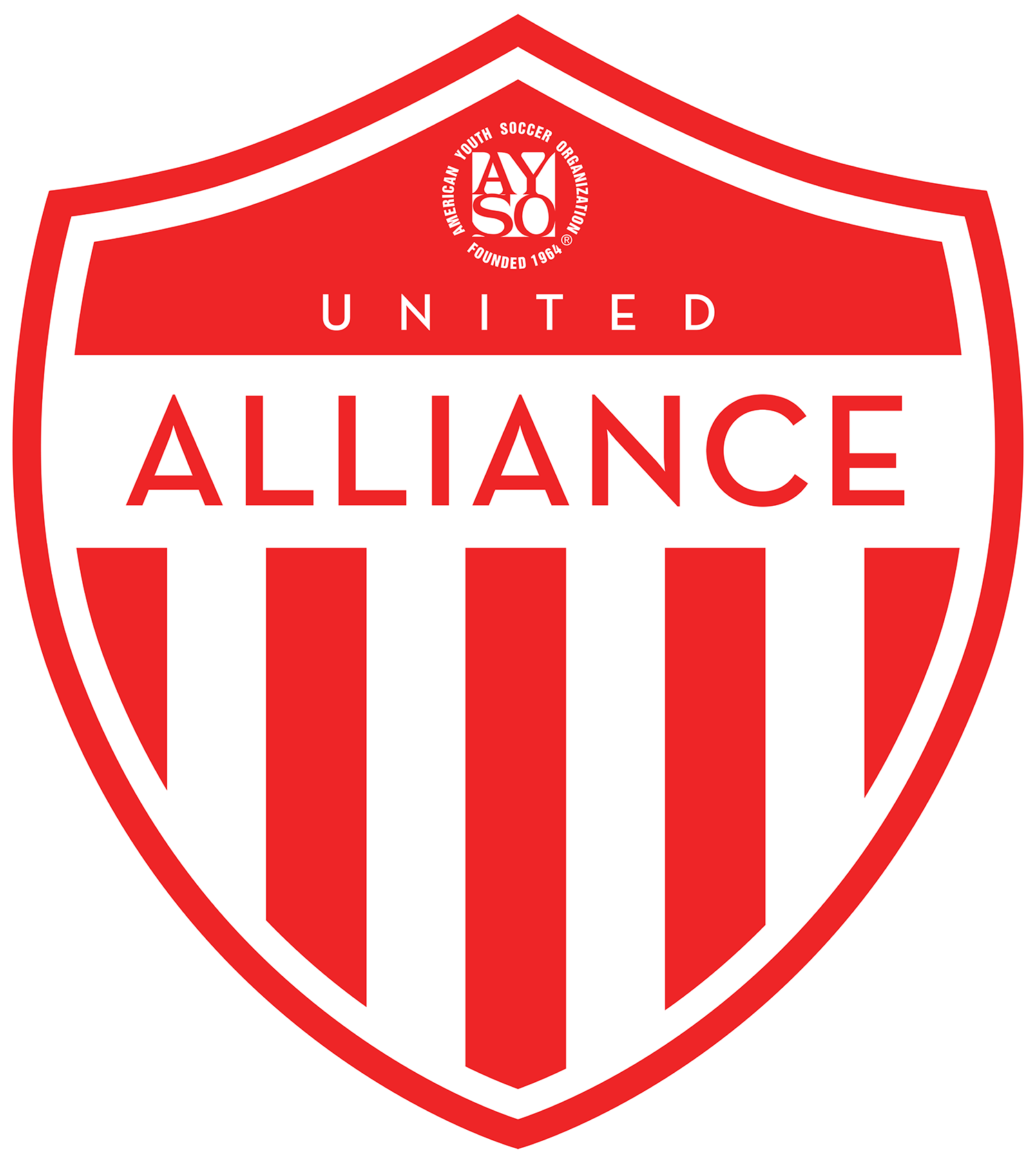A red and white shield-shaped ALLIANCE Patch- Sleeve Patch. The top red section contains the circular AYSO logo and the word "UNITED" in white capital letters. A white horizontal band in the center features the word "ALLIANCE" in red. The bottom section consists of alternating red and white vertical stripes.