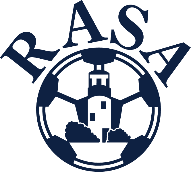 A navy blue logo featuring the word "RASA" in a serif font, arched over a circular soccer ball emblem. Inside the center of the soccer ball is a silhouette of a lighthouse surrounded by bushes.