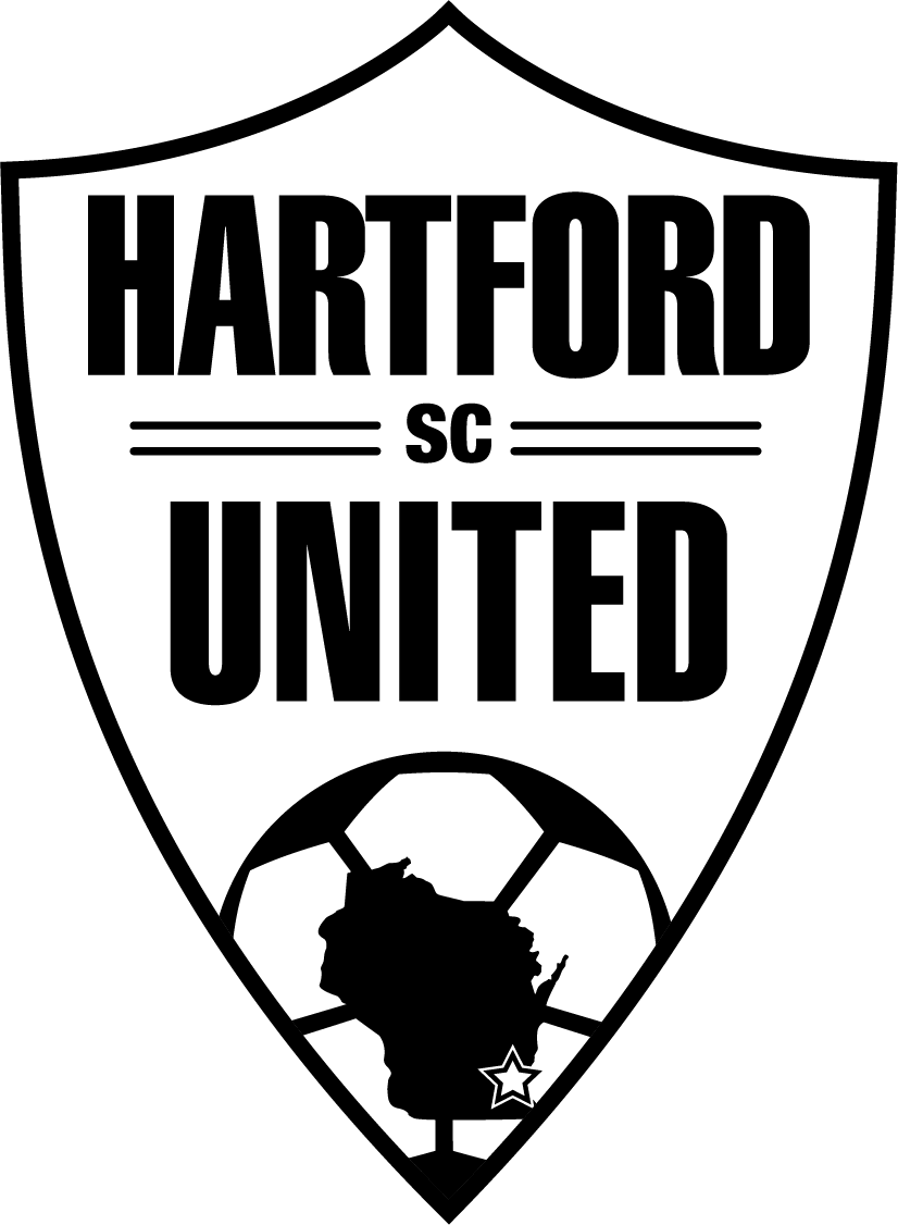 A black and white logo for HU9 - Hartford United "CREST" POCKET White, featuring a shield shape with the text "HARTFORD SC UNITED." Below the text is a soccer ball design containing a black map of Wisconsin with a small star.