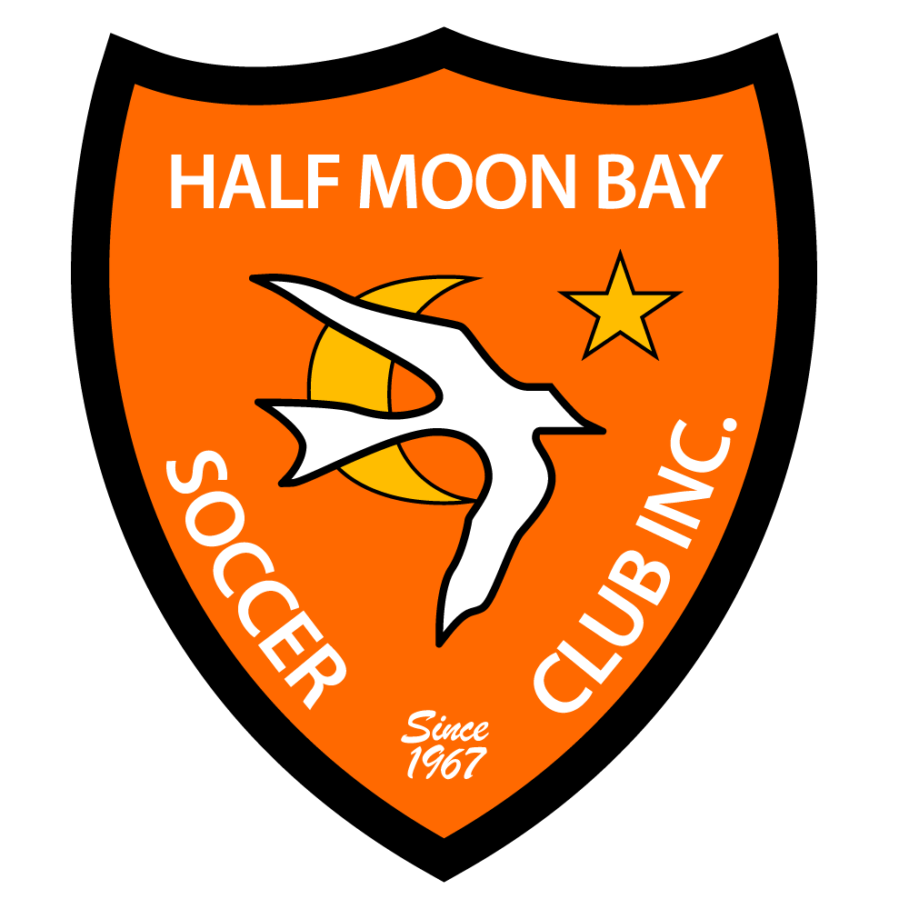 Orange shield-shaped logo for Half Moon Bay Soccer Club Inc. featuring a white bird, yellow crescent moon, and a star. Text at the bottom reads "Since 1967".