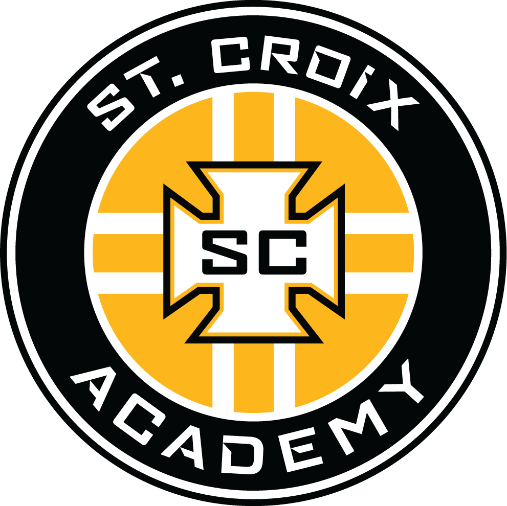 SCX OTH Logo: A circular black, gold, and white emblem for St. Croix Academy. The words "ST. CROIX" and "ACADEMY" wrap around a central gold disc containing a stylized white cross with the letters "SC" in its center.