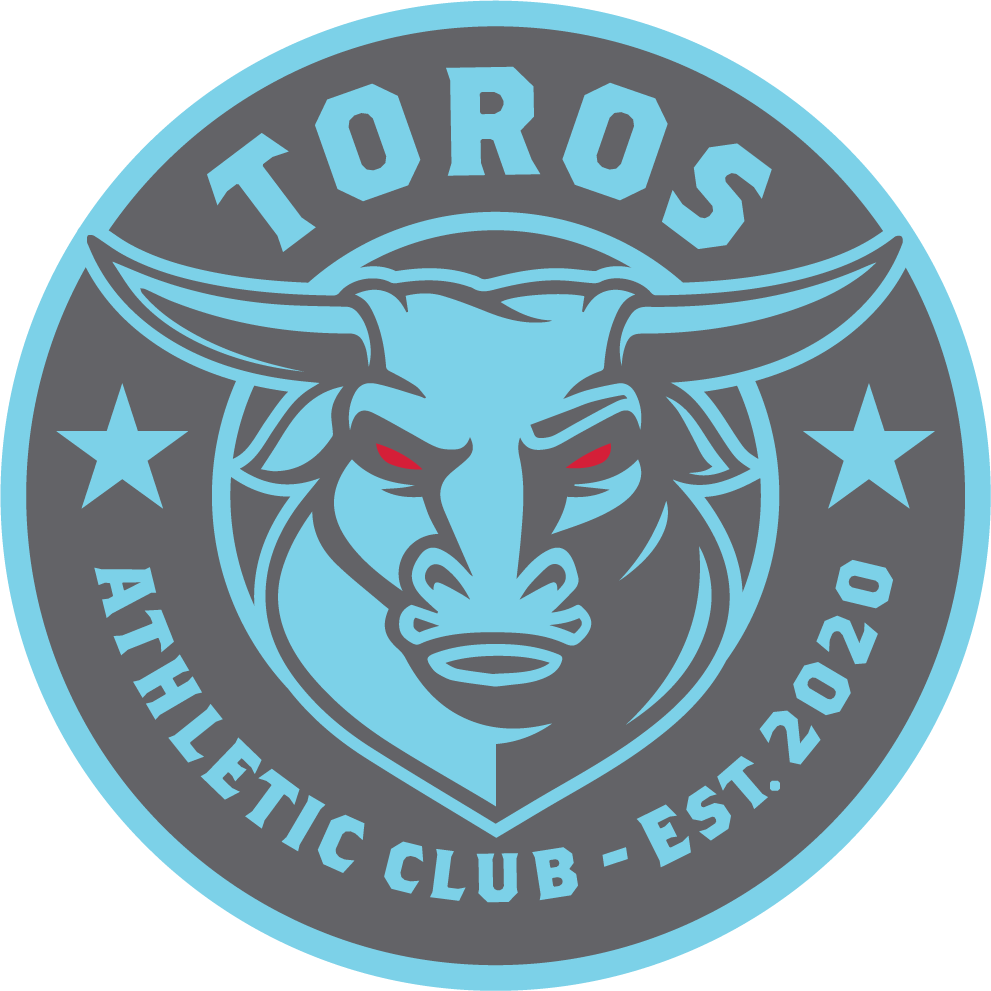 A circular TORO OTH Logo featuring a stylized light blue bull with glowing red eyes at the center of a dark gray background. The word "TOROS" is arched across the top, and "ATHLETIC CLUB - EST. 2020" is arched along the bottom, flanked by two light blue stars.
