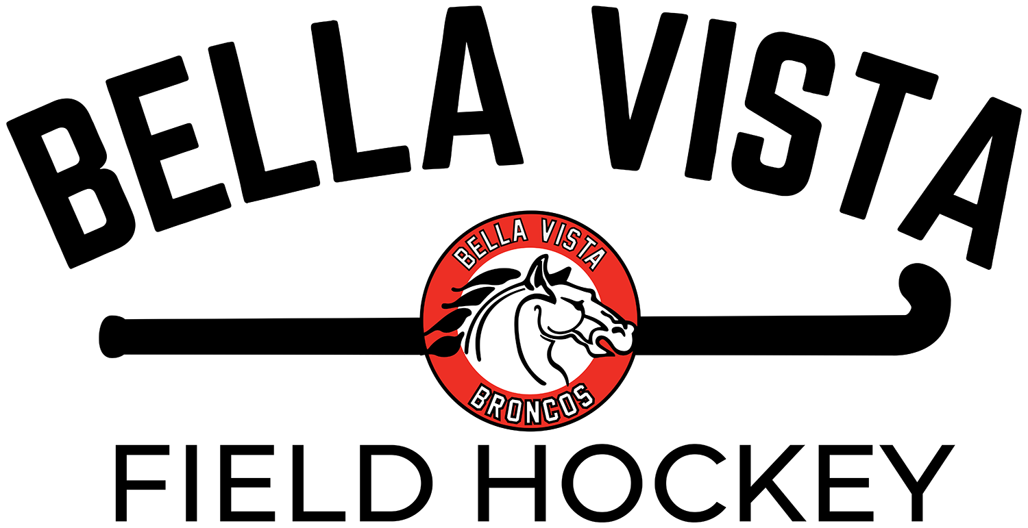 A graphic logo for BELLA VISTA FIELD HOCKEY WIDE. The design features bold, black text with "BELLA VISTA" arched at the top and "FIELD HOCKEY" at the bottom. A central red circular emblem contains a white bronco's head and is intersected by a horizontal black field hockey stick.