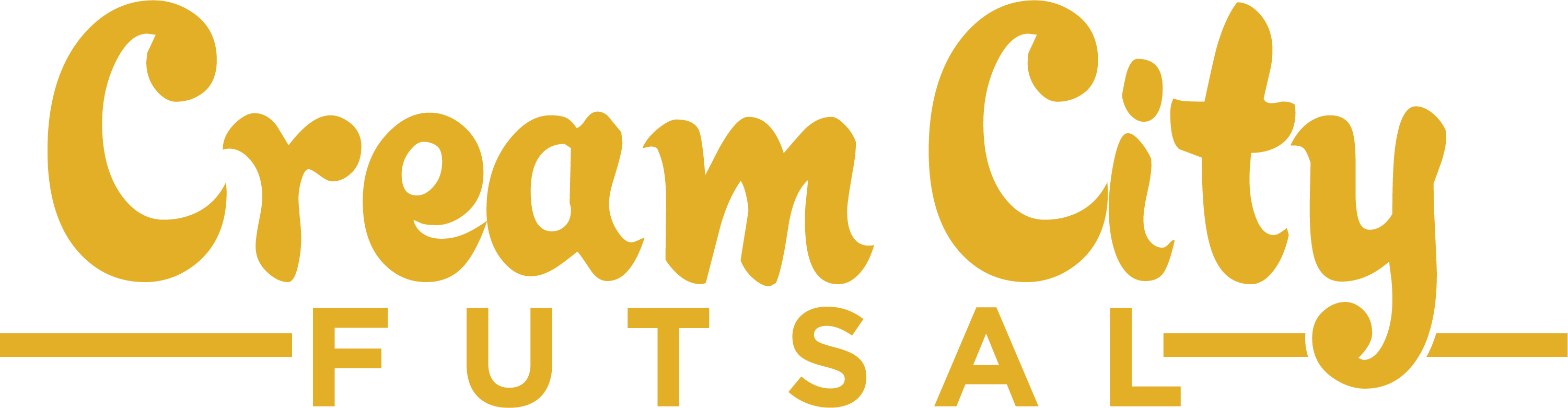 A gold logo for Cream City Futsal with "Cream City" in a stylized, cursive font above the word "FUTSAL" in a bold, sans-serif font, flanked by horizontal lines.