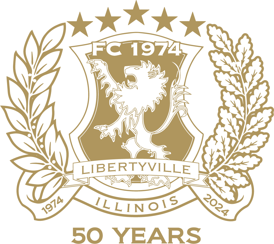 Gold 50th-anniversary logo for FC 1974 Libertyville, Illinois, featuring a shield with a lion, five stars, laurel wreaths, and text "1974-2024" and "50 YEARS".