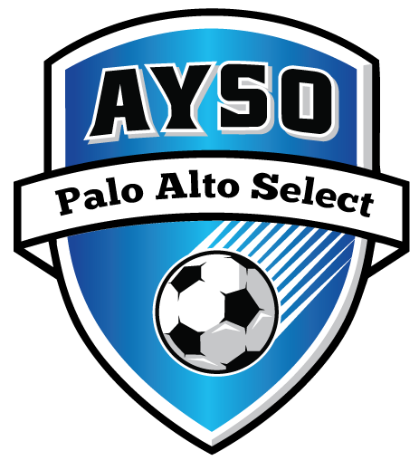 Logo for AYSO Palo Alto Select featuring a blue shield, a white banner with the team name, and a soccer ball in motion.