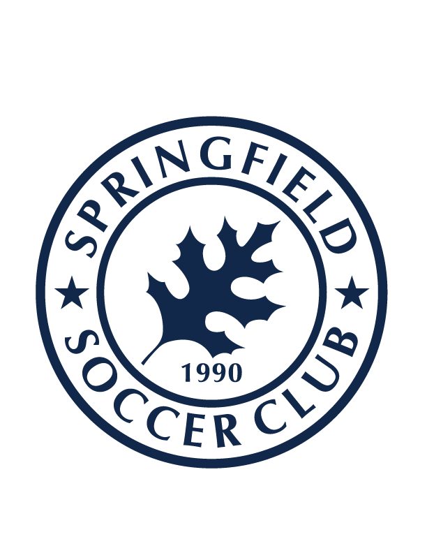 A circular navy blue logo for Springfield Soccer Club (SPFLD11 - Springfield SC "CREST" FULL Navy) featuring a central oak leaf above the year 1990, with two stars separating the text "SPRINGFIELD" at the top and "SOCCER CLUB" at the bottom.