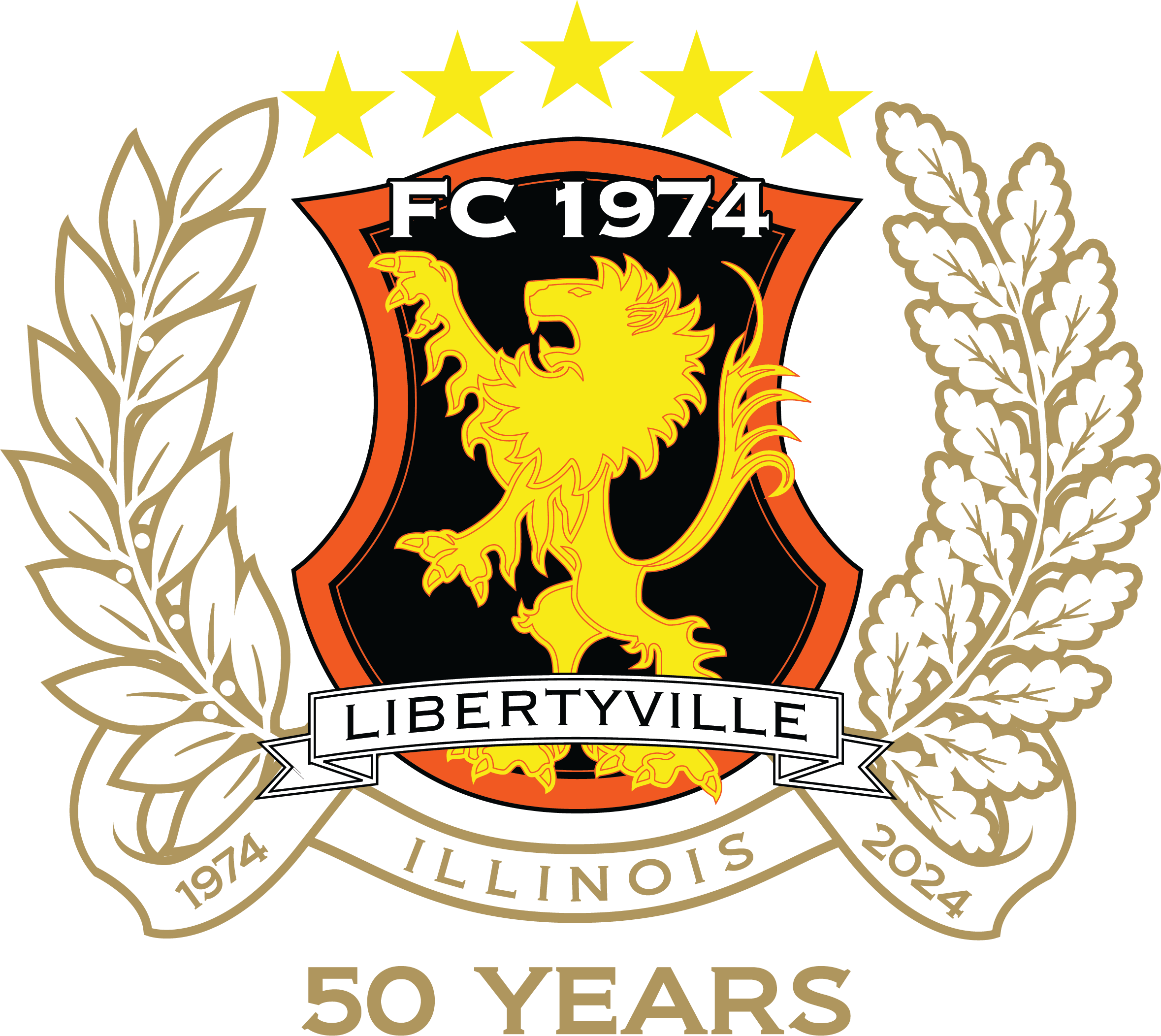 50th-anniversary logo for FC 1974 Libertyville, featuring a golden lion rampant on an orange and black crest, surrounded by laurel wreaths, stars, and '50 YEARS' text.