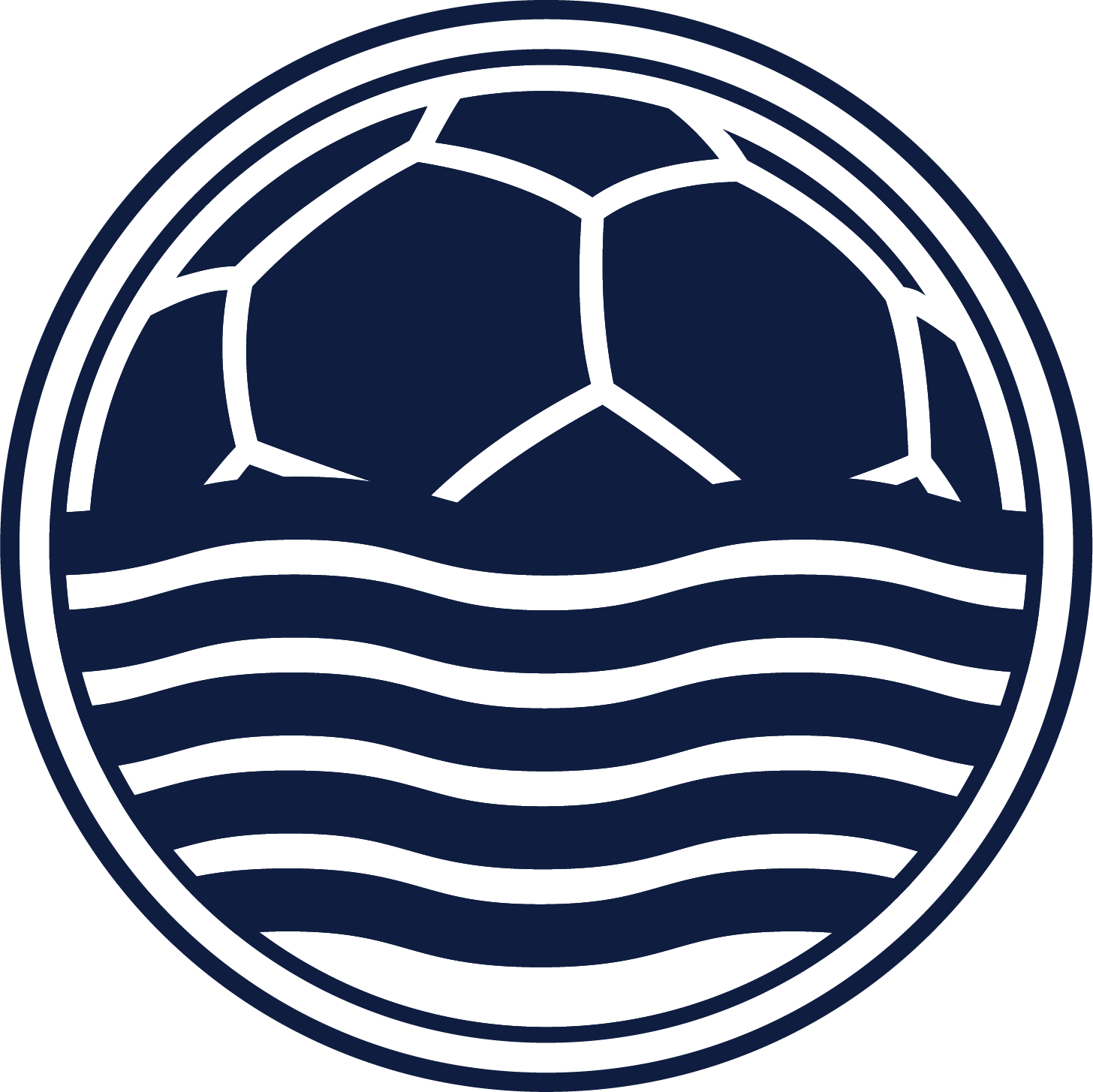 A circular navy blue logo featuring a soccer ball on the top half and wavy white lines representing water on the bottom half, enclosed by white concentric rings.