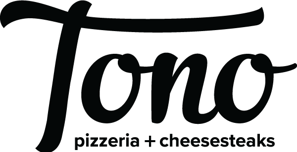 Black and white logo for Tono featuring large stylized script text "Tono" above the words "pizzeria + cheesesteaks" in a sans-serif font.