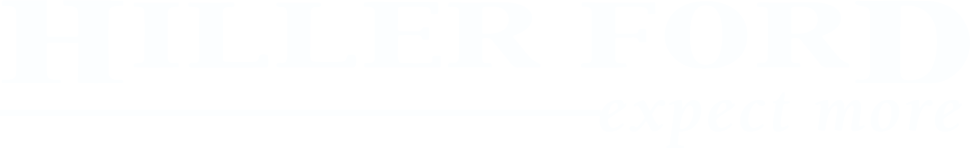 A logo for TORO CC Hiller White featuring the name "HILLER FORD" in a large, white, serif font above the tagline "expect more" in lowercase italics.