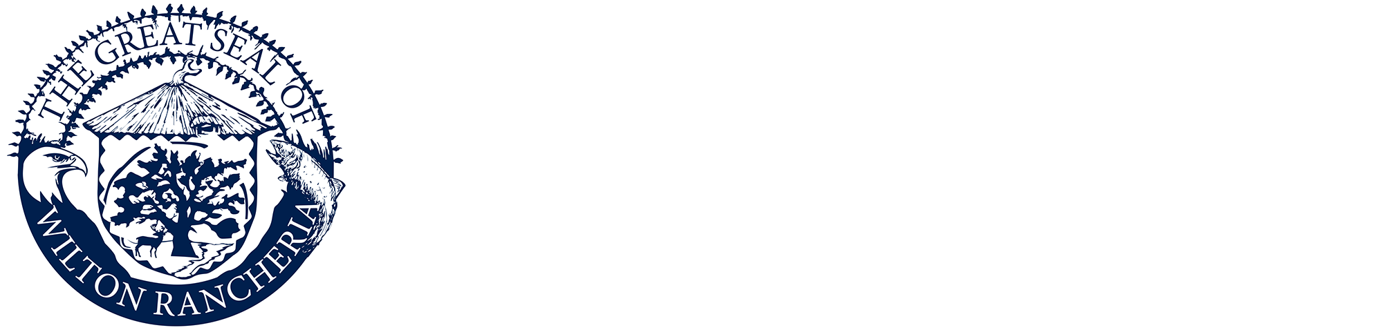 A circular blue and white logo for FCEG SPONSOR WHITE, depicting the Great Seal of Wilton Rancheria which features an oak tree, deer, salmon, bald eagle, and traditional dwelling.