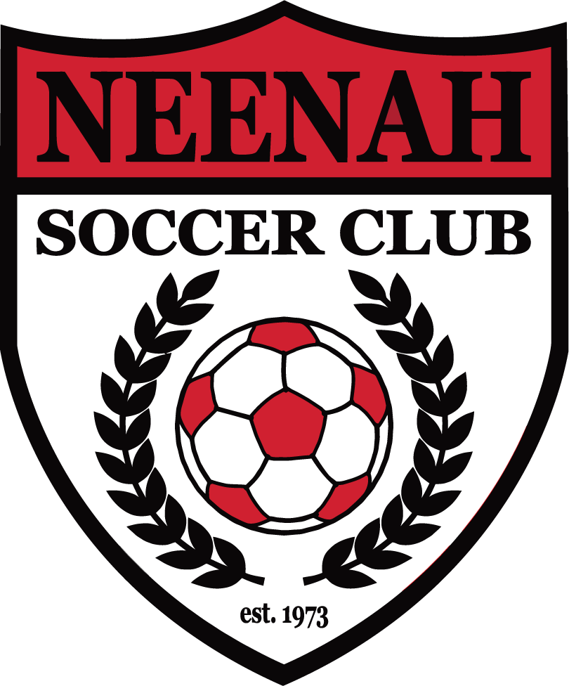 Shield-shaped crest for Neenah Soccer Club in red, white, and black, featuring a soccer ball inside a laurel wreath and the text "NEENAH SOCCER CLUB est. 1973".