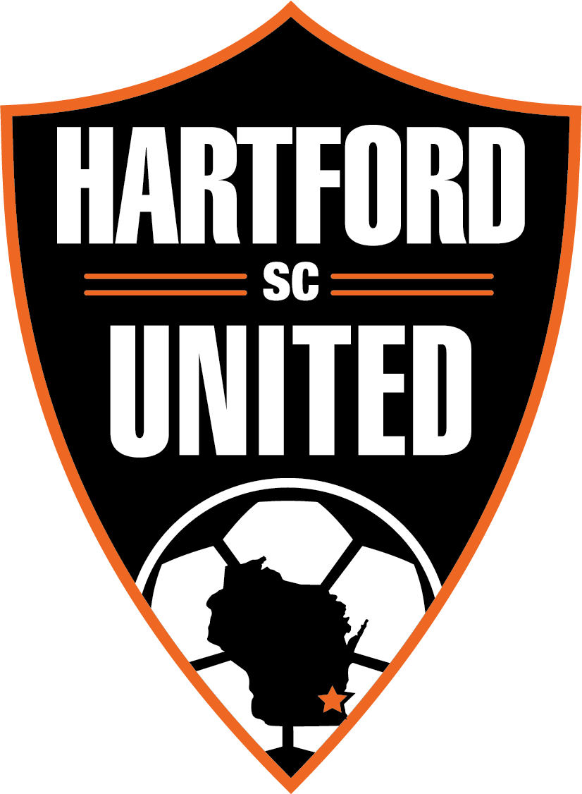HU3 - Hartford United "CREST" POCKET Black/Color. This shield-shaped soccer club crest features a black background with an orange border. The text "HARTFORD UNITED" is displayed in large white letters, separated by "SC" and two orange horizontal lines. At the bottom, a white soccer ball graphic contains a black silhouette of the state of Wisconsin with an orange star marking a specific location.