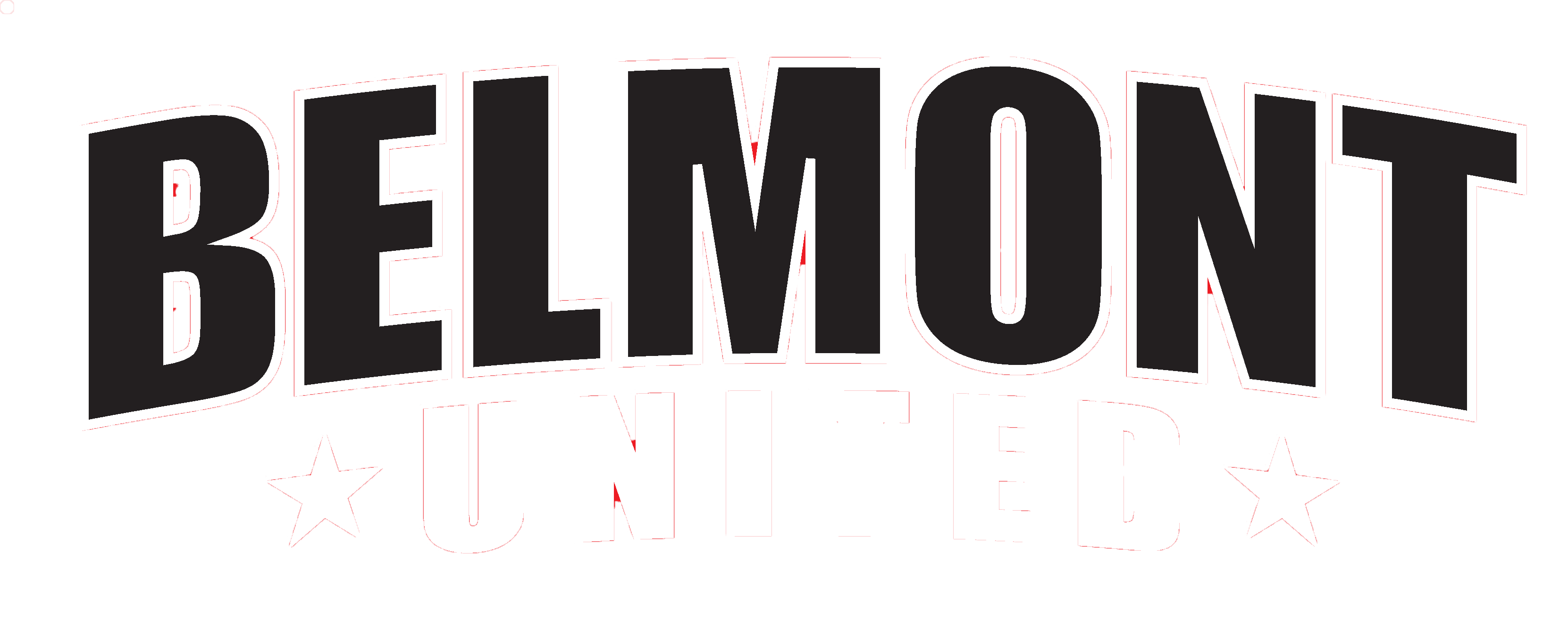 Sports logo featuring the word "BELMONT" in bold, arched black letters above "UNITED" in a white outline font, flanked by two stars on a white background.