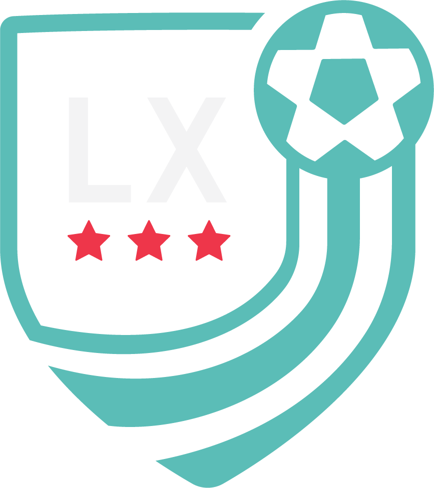 A shield-shaped logo for LXU OTH Logo Grey LX with a black background, featuring the white letters "LX" above three red stars, all enclosed by a thick teal border that integrates a stylized soccer ball at the top right.