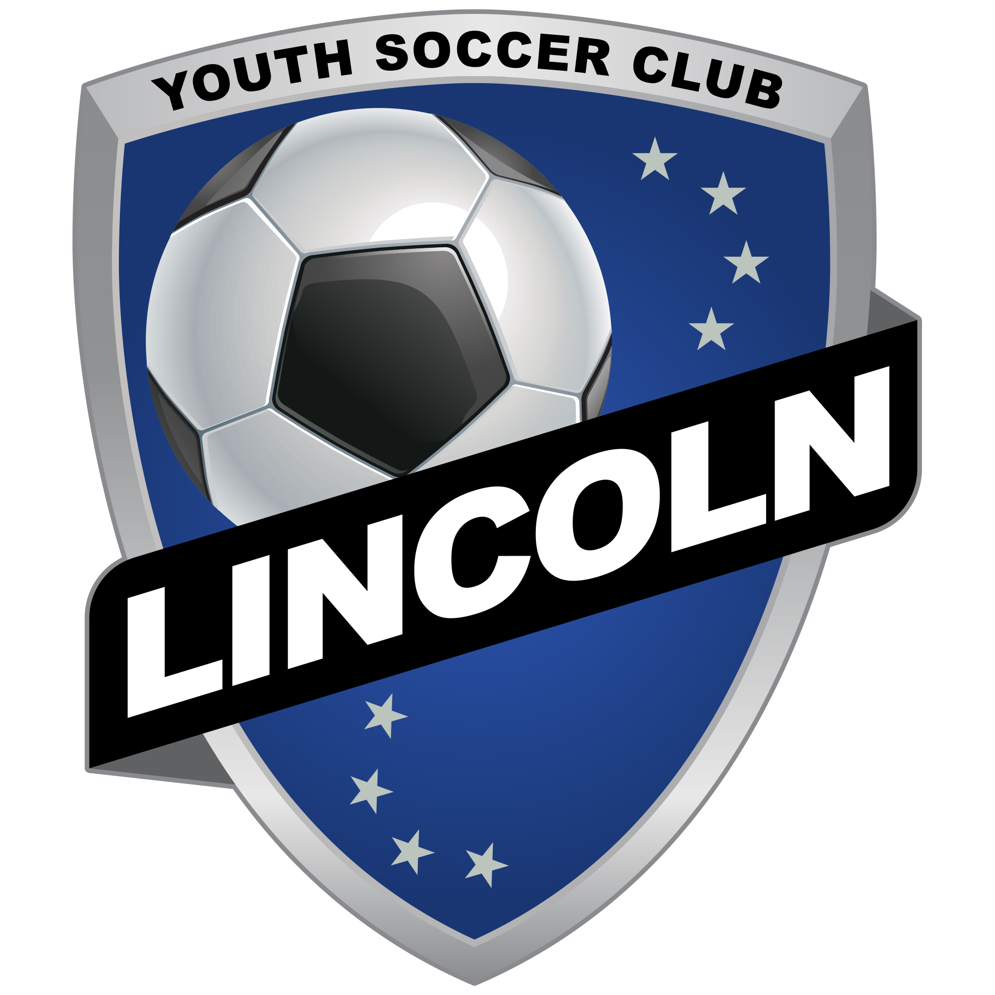 A blue shield-shaped logo for LINCOLN YSC CREST featuring a soccer ball, white stars, and a diagonal black banner with the word "LINCOLN" in white text.